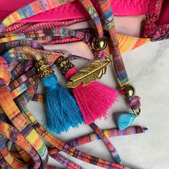 Alé by Alessandra Rainbow Patchwork Halter Fringe Bikini Tankini Top Size XS - Picture 5 of 5